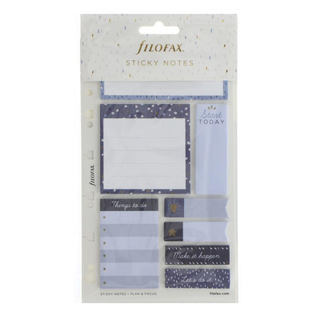 Filofax Indigo Sticky Notes Pack featuring lined, blank, vertical pads, and to-do list in blue and grey, perfect for organization.