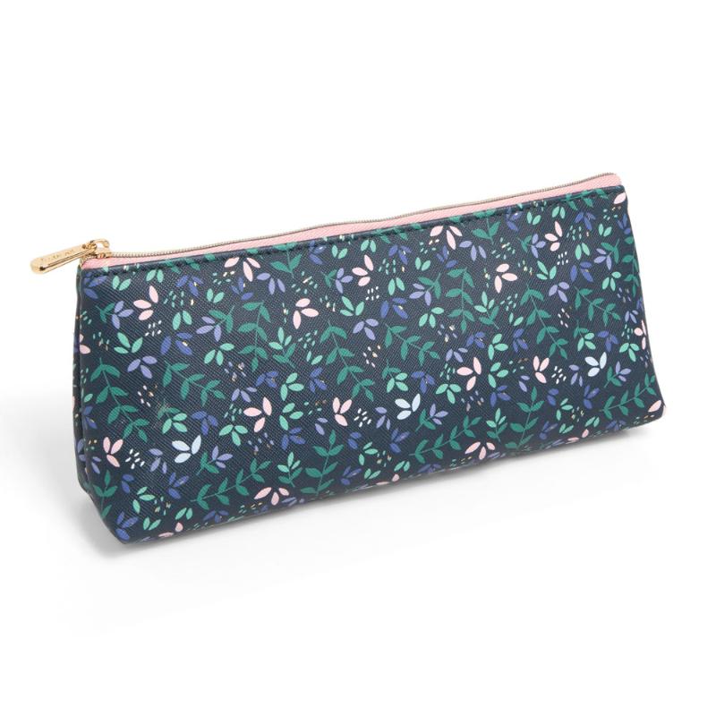 Charming garden-themed pencil case with textured exterior, lined interior, and engraved zipper pull for stylish storage.