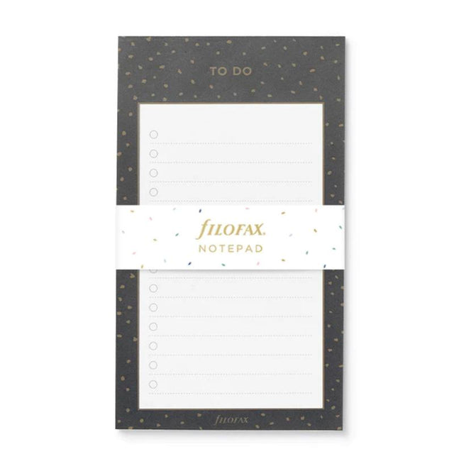 Filofax Confetti Notepad To Do featuring playful confetti pattern and 60 fountain pen-friendly tear-off sheets for task management.