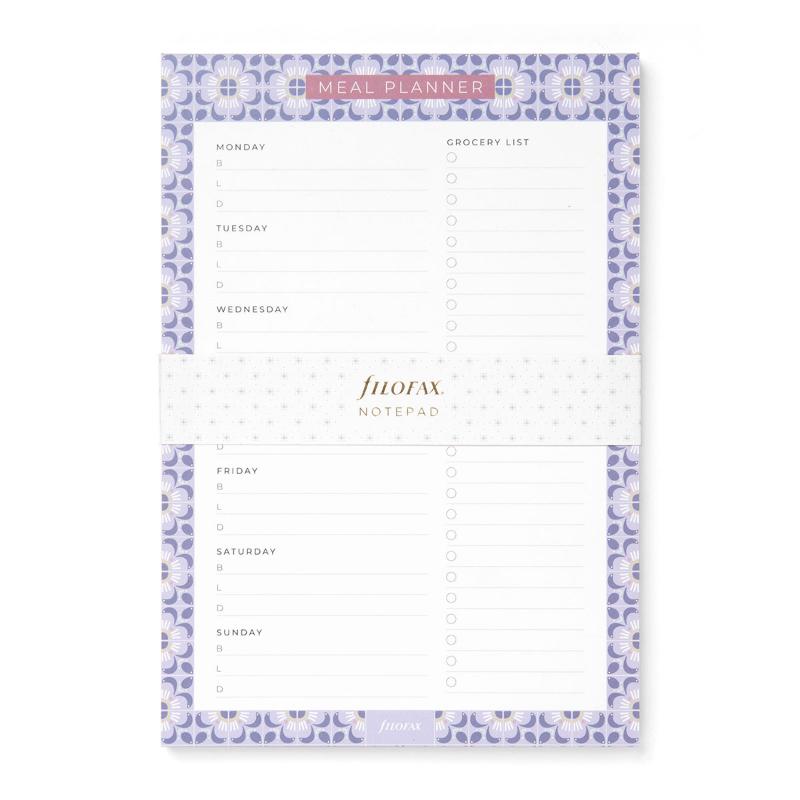 Filofax Mediterranean Meal Planner Notepad with magnetic backing, featuring 60 sheets for effortless meal organization.