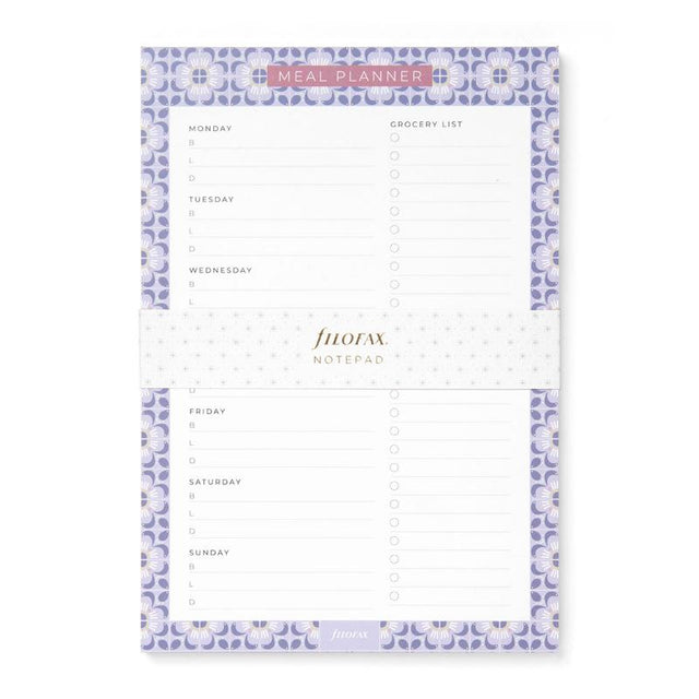 Filofax Mediterranean Meal Planner Notepad with magnetic backing, featuring 60 sheets for effortless meal organization.