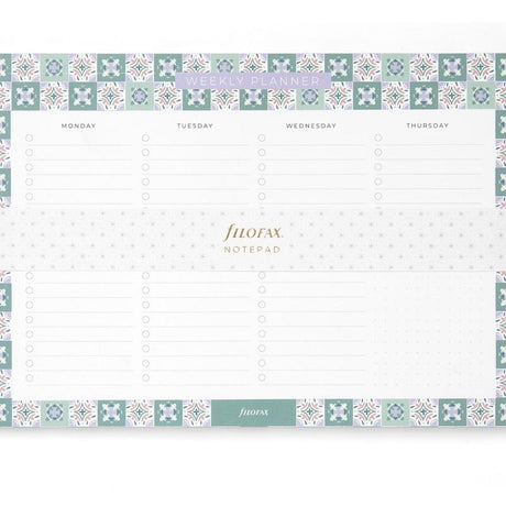 Elegant Filofax Mediterranean Weekly Planner Notepad with 60 tear-off sheets and a built-in magnet for easy fridge attachment.