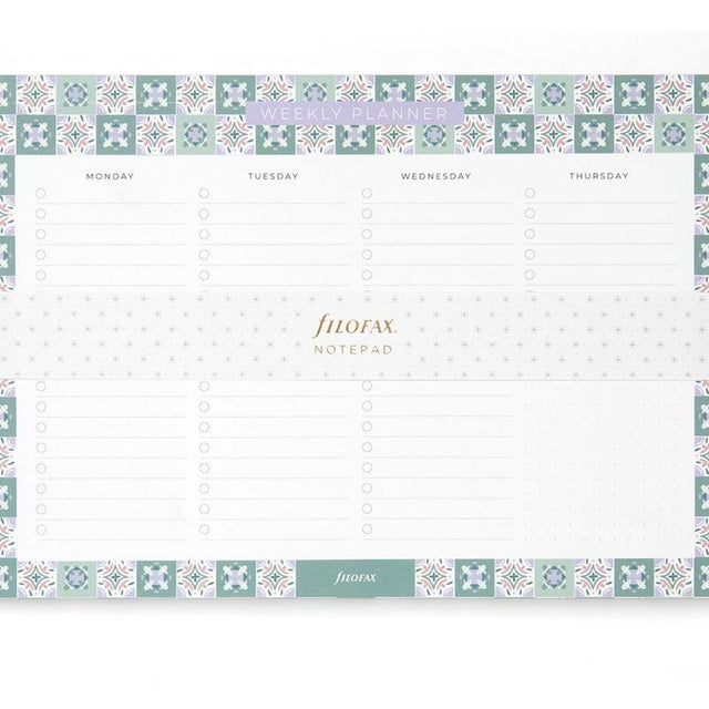 Elegant Filofax Mediterranean Weekly Planner Notepad with 60 tear-off sheets and a built-in magnet for easy fridge attachment.