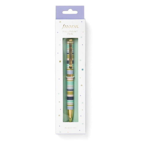 Filofax Good Vibes Ballpoint Pen with stylish metal barrel, 1mm black ink, and twist mechanism for smooth writing.