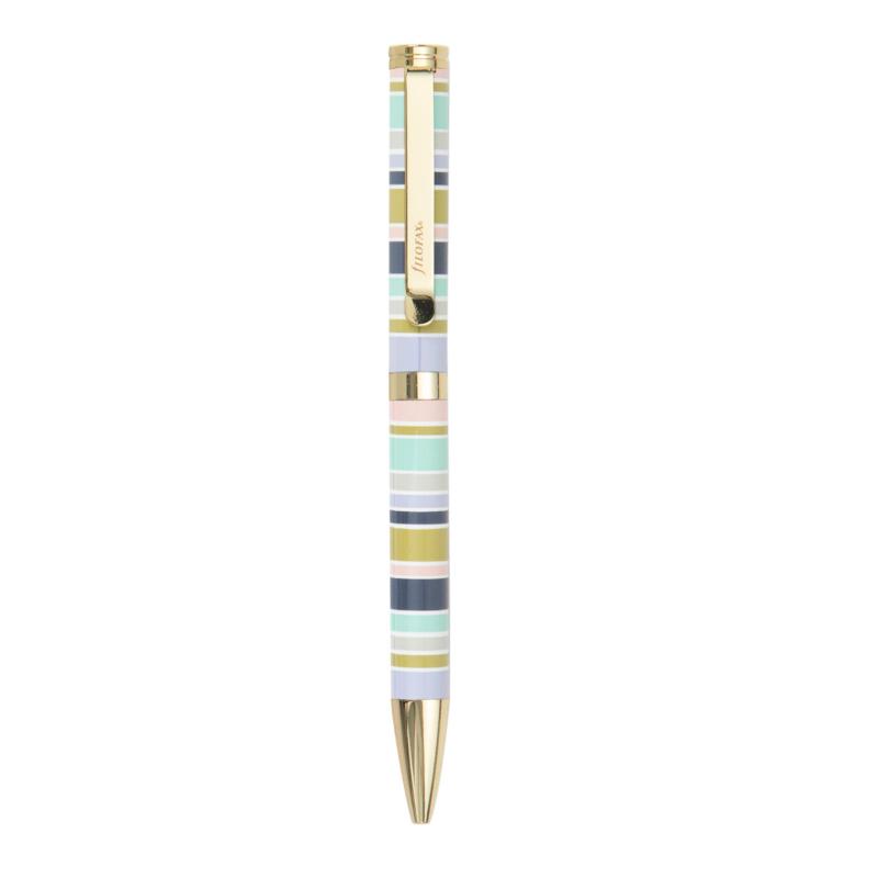 Stylish Filofax Good Vibes Ballpoint Pen with printed metal barrel and refillable black ink, perfect for vibrant writing.