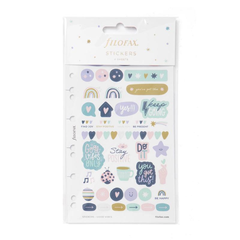 Vibrant Filofax Good Vibes Stickers set for decorating planners, featuring decorative, functional, and planning sheets.