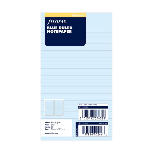 Blue ruled notepaper refill for Filofax personal organiser, featuring 30 high-quality sheets for effective note-taking and organization.