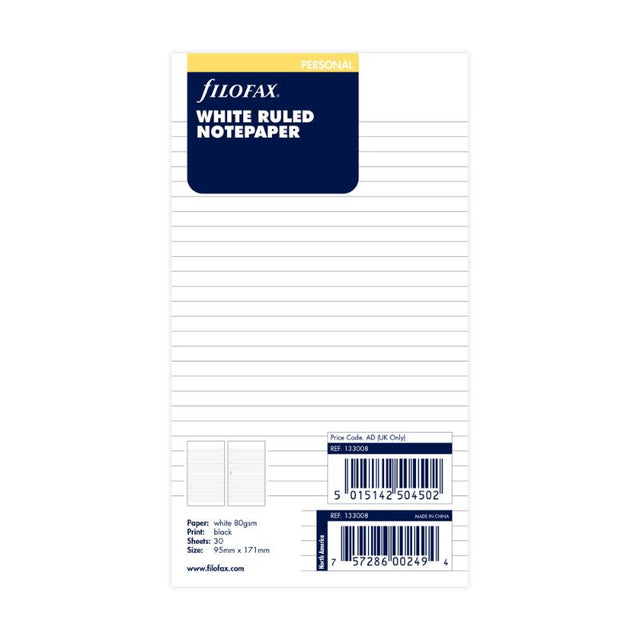 White lined notepaper refill for Filofax organizers, 30 sheets of premium 80gsm paper for smooth writing.