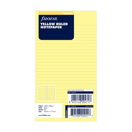 Vibrant yellow notepaper refill for Filofax, 30 sheets of 80gsm lined paper for notes and organization.