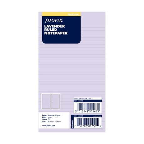 Lavender lined notepaper refill for Filofax organizers, featuring 30 sheets for stylish note-taking and organization.