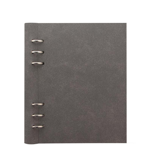 Filofax Clipbook A5 Concrete: elegant leather-look organizer with versatile layout, includes various sheets for notebooks and planners.