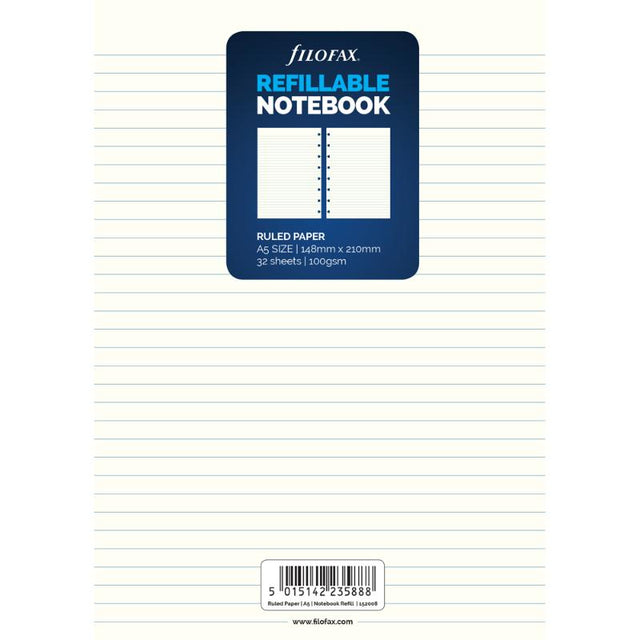 Ruled refill pack for A5 Filofax notebooks featuring 32 sheets of durable 100gsm paper for smooth note-taking.