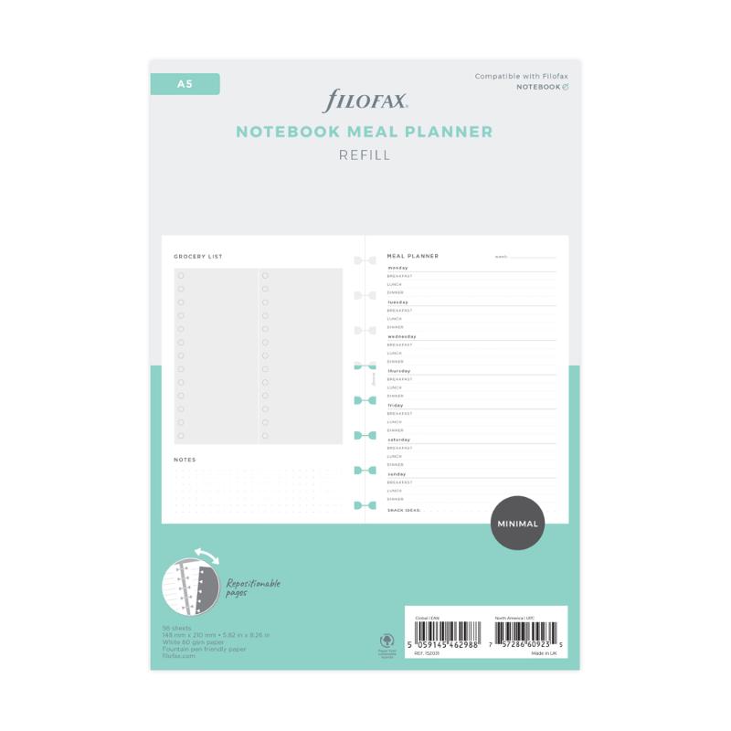 Filofax A5 Meal Planner Refill with 56 sheets of premium paper for organized meal planning and grocery budgeting.