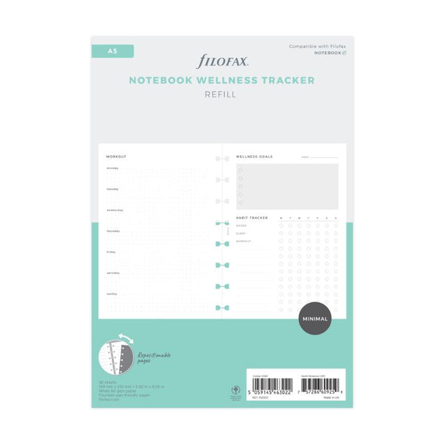 A5 wellness trackers refill for Filofax notebooks, featuring 56 sheets for fitness, nutrition, and mental health tracking.