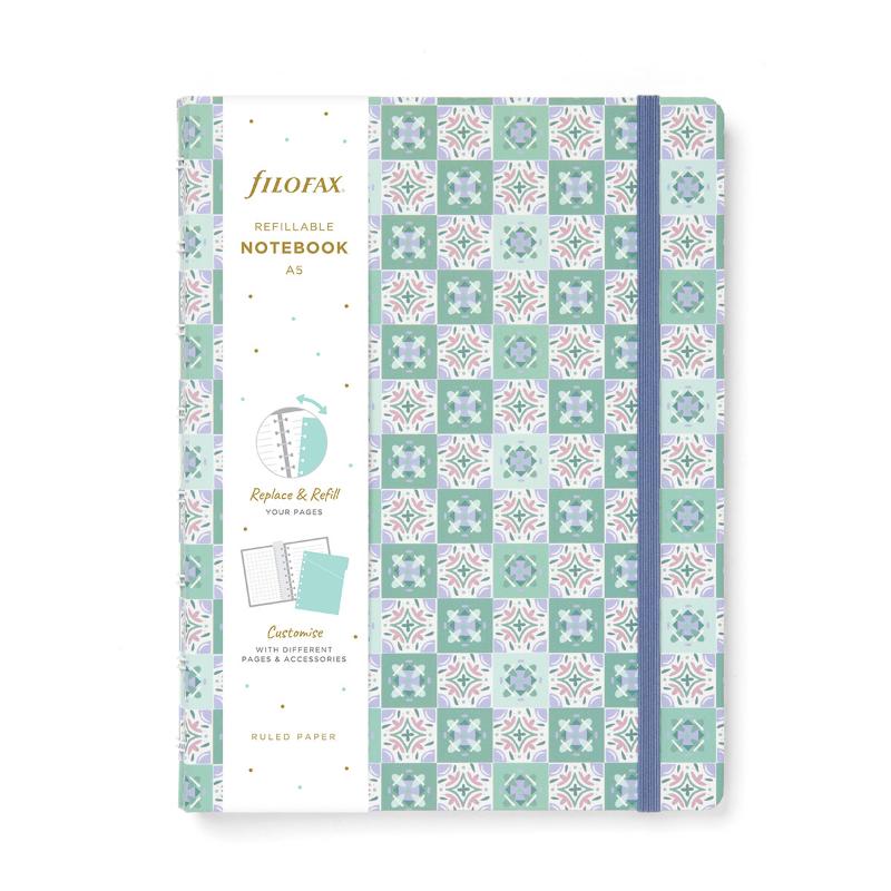 Mint Filofax Mediterranean A5 Notebook featuring patterned cover and elastic closure, ideal for writing and sketching.