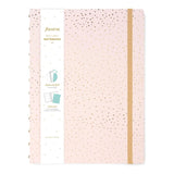 Stylish Filofax Confetti A4 Notebook in Rose Quartz with gold foil accents, 56 ruled pages, and a laminated cover.