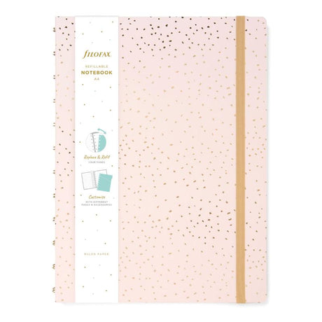 Stylish Filofax Confetti A4 Notebook in Rose Quartz with gold foil accents, 56 ruled pages, and a laminated cover.