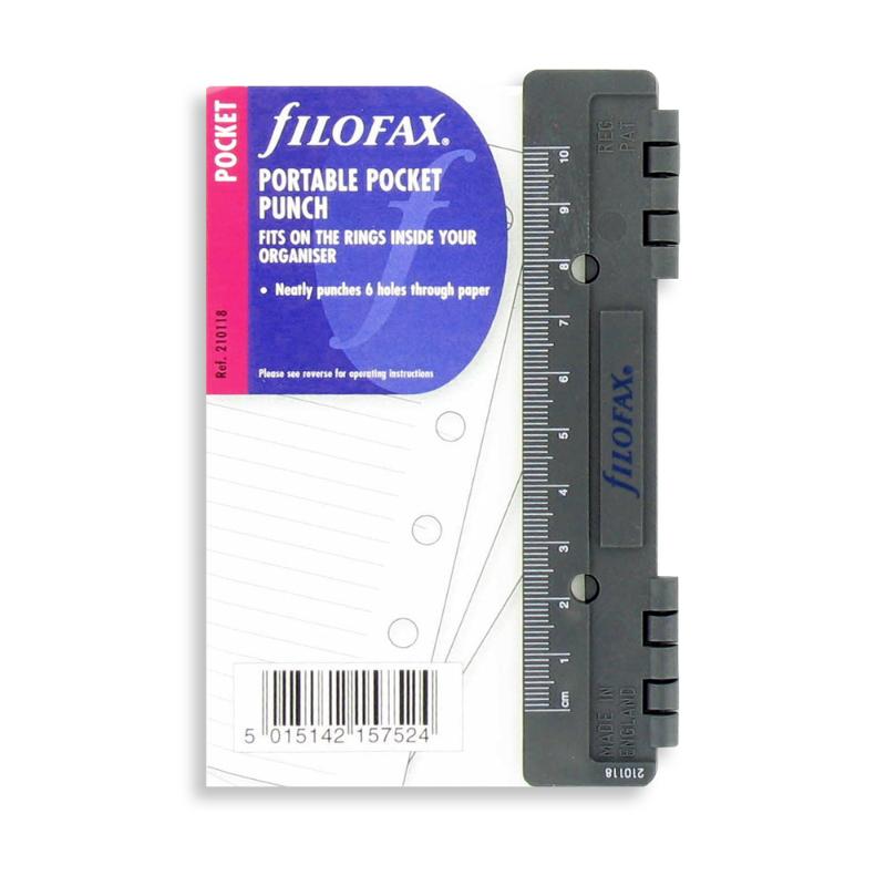 Compact Filofax Pocket Portable Punch for customizing planners; punches up to two sheets for efficient organization.