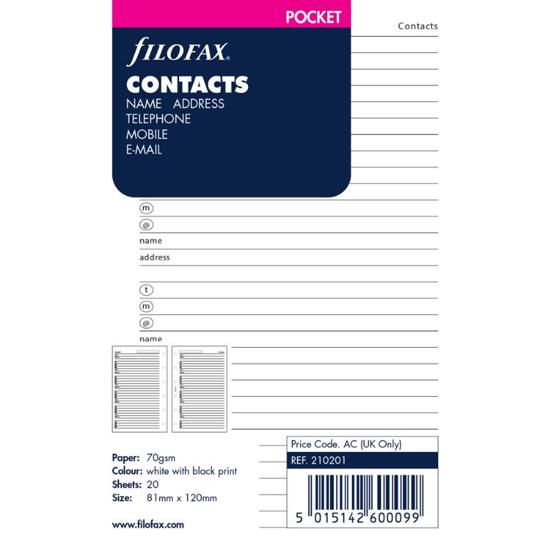 Filofax Pocket Name/Address/Phone Refill, 20 sheets of 80gsm paper for organized contact storage in a compact format.