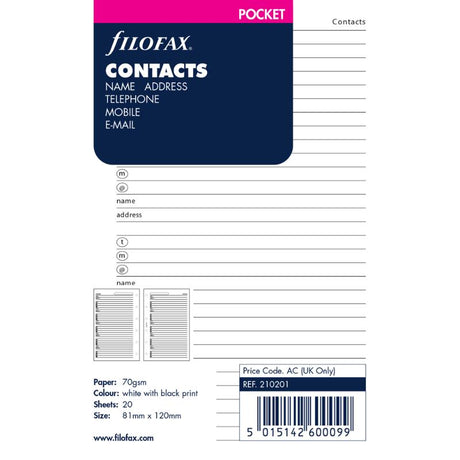 Filofax Pocket Name/Address/Phone Refill, 20 sheets of 80gsm paper for organized contact storage in a compact format.