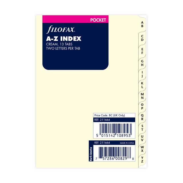 Cream A-Z index for Filofax pocket organizer, featuring labeled tabs for efficient contact and document management.