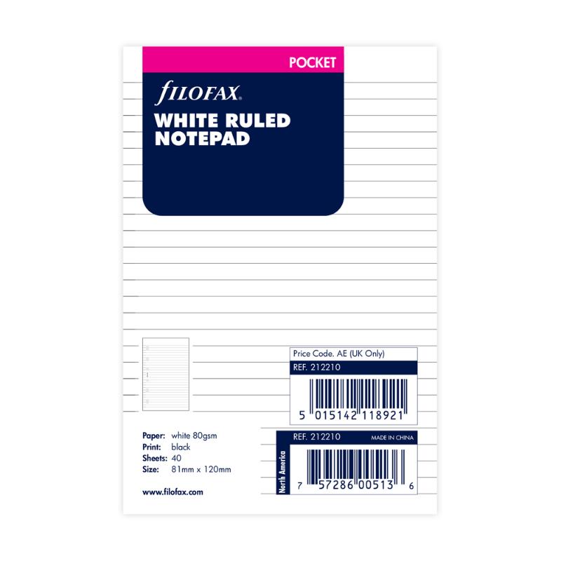 Filofax Pocket White Lined Notepad Refill with 40 sheets of premium 70gsm paper for smooth note-taking and organization.