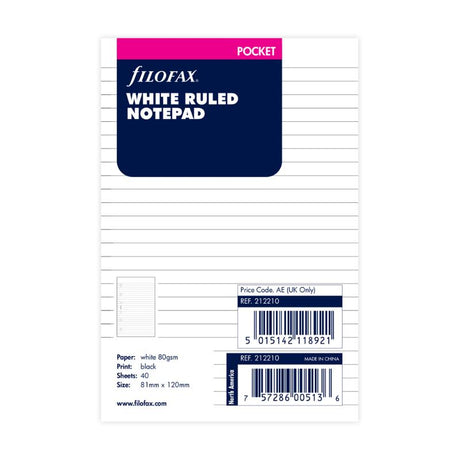 Filofax Pocket White Lined Notepad Refill with 40 sheets of premium 70gsm paper for smooth note-taking and organization.