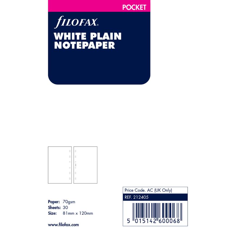 White plain notepaper refill for Filofax pocket organizer with 30 sheets, ideal for notes and creative expression.