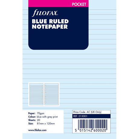 Blue lined notepaper refill for Filofax pocket organiser, featuring 20 sheets for notes and organization.