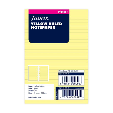 Yellow lined notepaper refill for Filofax pocket organizers, featuring 20 high-quality sheets for note-taking and planning.