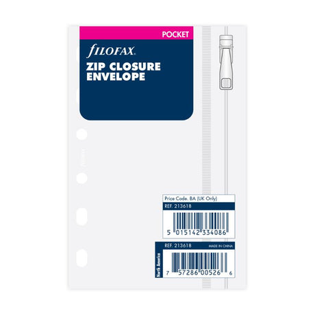 Transparent zip lock envelope for organized storage of documents, notes, and receipts in a Filofax pocket organizer.