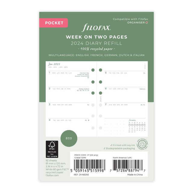 Filofax Eco Week on Two Pages Diary Refill in pocket size, made from FSC-certified recycled paper for sustainable planning.