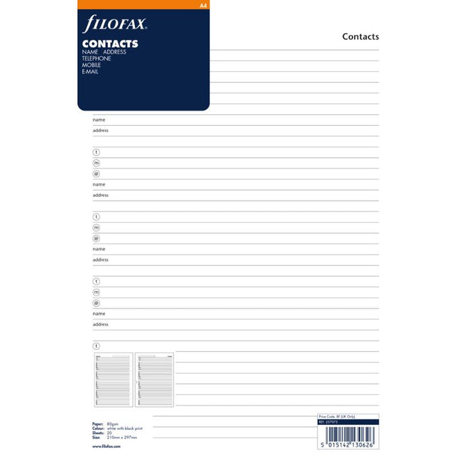 Filofax A4 refill pages in luxury cream for organized contacts with sections for names, addresses, and phone numbers.