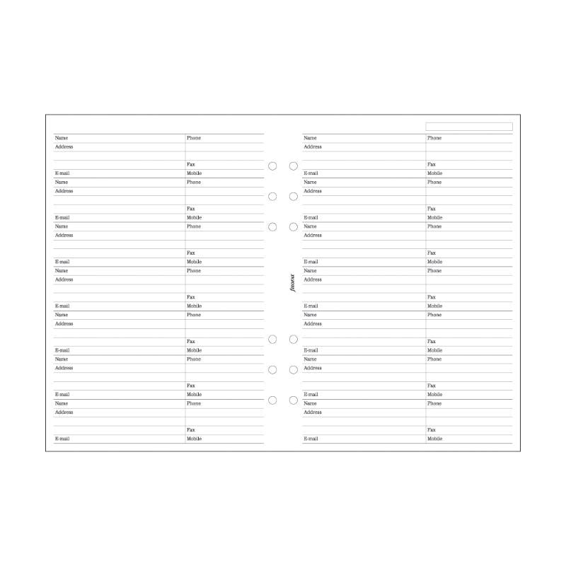 Filofax A5 refill featuring 20 sheets for organizing names, addresses, and phone numbers efficiently.