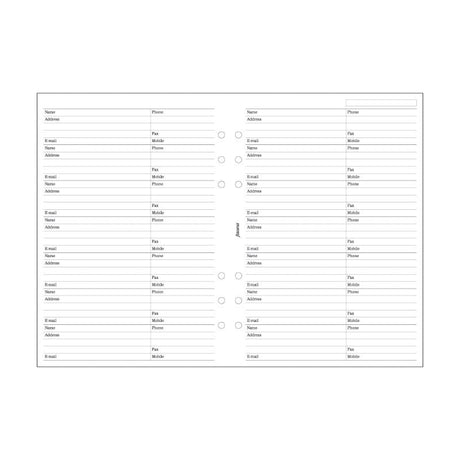 Filofax A5 refill featuring 20 sheets for organizing names, addresses, and phone numbers efficiently.