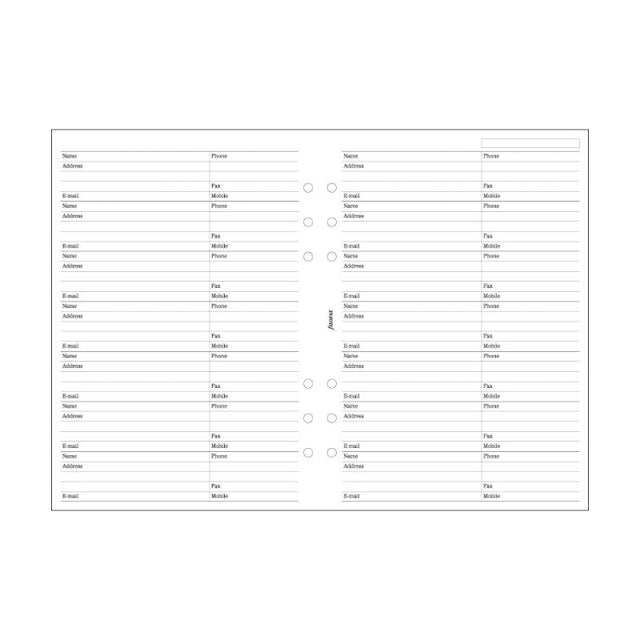 Filofax A5 refill featuring 20 sheets for organizing names, addresses, and phone numbers efficiently.