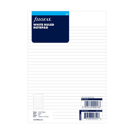 White lined notepad refill for A5 Filofax, featuring 50 sheets of smooth paper for notes and lists. Perfect for organization.