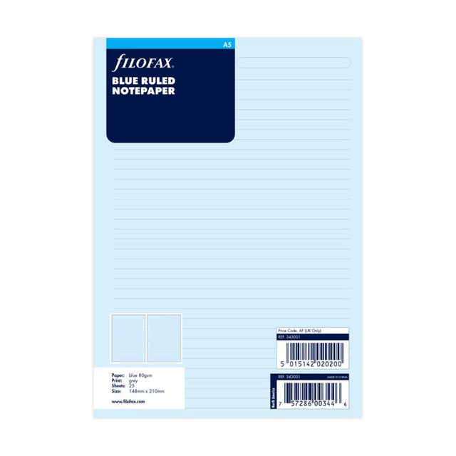 Premium blue lined notepaper refill for Filofax A5 organizers, featuring 25 high-quality sheets for organized note-taking.