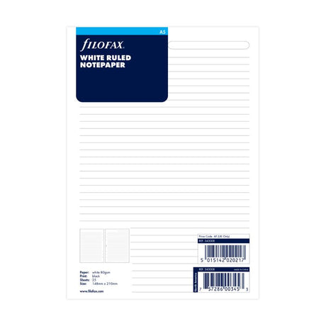 Filofax A5 White Lined Notepaper Refill featuring 25 high-quality lined sheets for organized note-taking in planners.