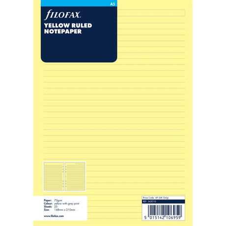 Bright yellow lined notepaper refill for A5 Filofax, 100 sheets for organized note-taking and inspiration.