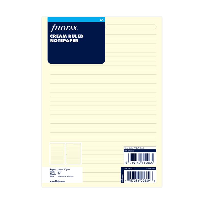 Filofax A5 cream lined notepaper refill, perfect for journaling, planning, and organizing notes with smooth, high-quality paper.