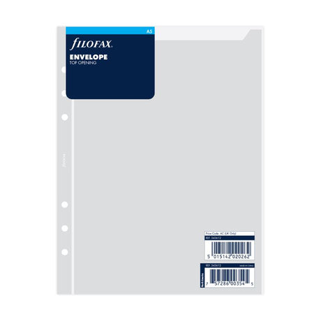 Translucent A5 envelope pocket for organizing documents, with top opening for easy access and storage in Filofax planner.