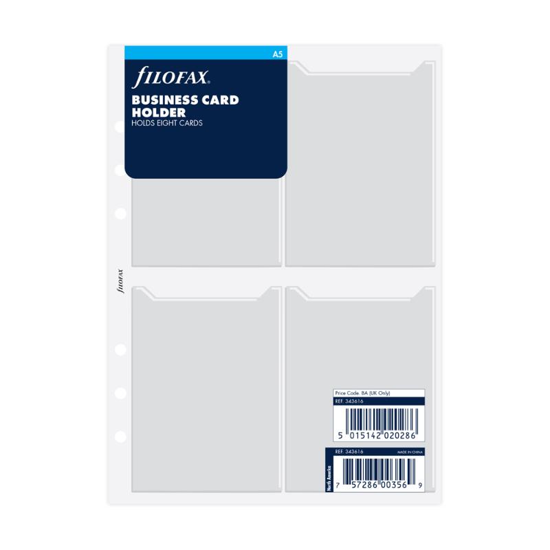 Transparent Filofax A5 Business Card Holder Refill, holds eight cards for organized networking and easy access.