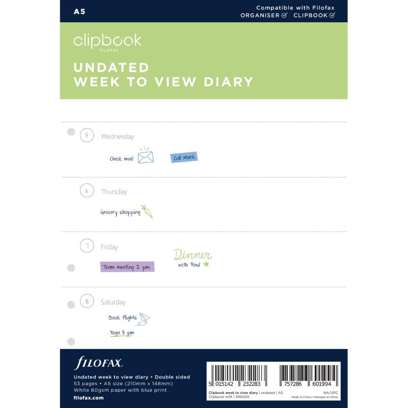 Undated week-to-view refill for Filofax Clipbook, ideal for efficient scheduling and organization on high-quality paper.