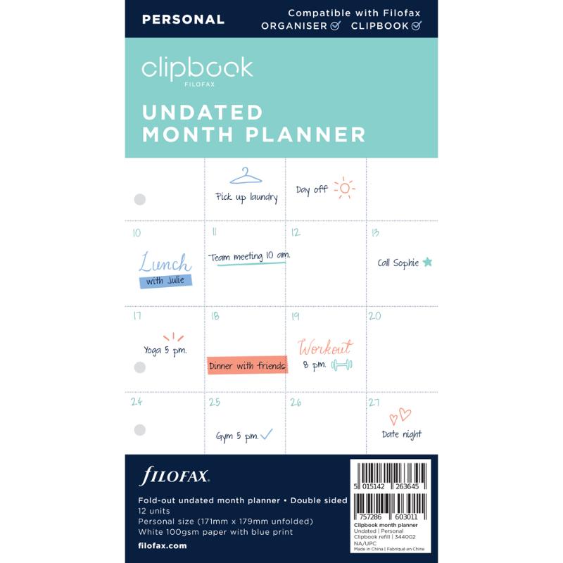 Filofax Clipbook Personal Monthly Planner Refill with 25 double-sided sheets for organized task management and eco-friendly use.