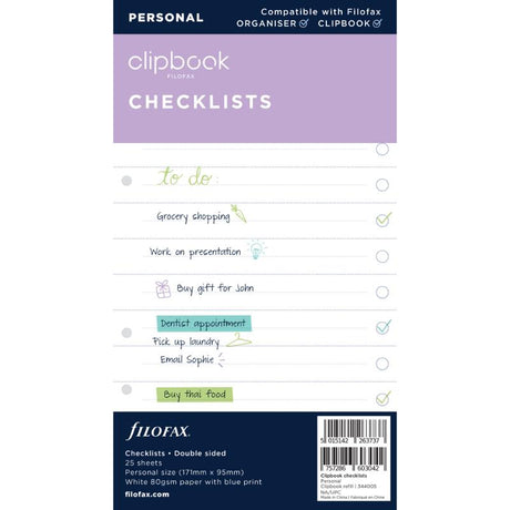 Filofax Clipbook Personal To Do List Refill with 25 double-sided sheets, made from 80% recycled 80gsm white paper.