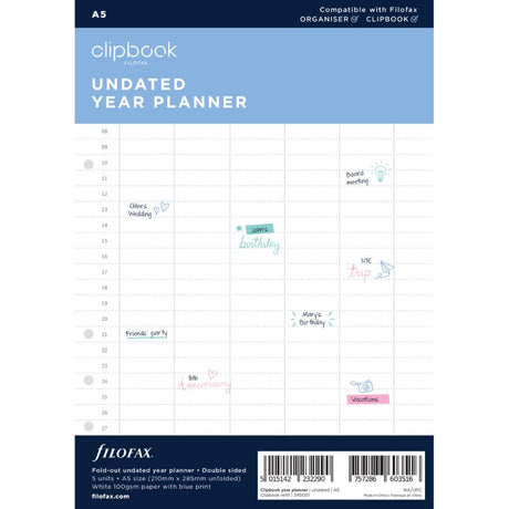 Undated A5 year planner refill for Filofax, featuring a fold-out double-sided design for year-round organisation.