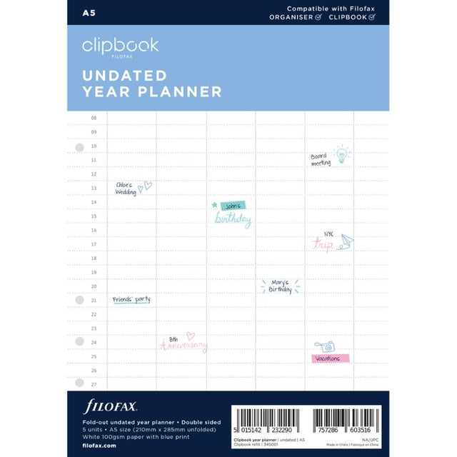 Undated A5 year planner refill for Filofax, featuring a fold-out double-sided design for year-round organisation.