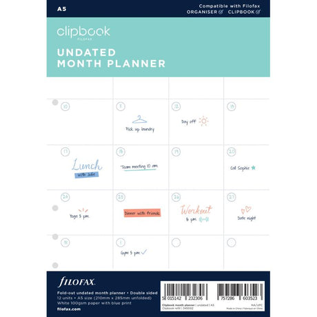 Filofax A5 Monthly Planner Refill features tabbed layout, undated design, and flexible organization for efficient planning.