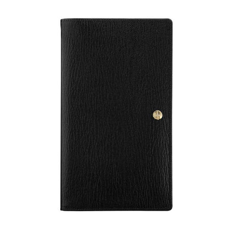 Elegant black leather Filofax Chester Travel Wallet with gold foil detailing, designed for stylish and organized travel.